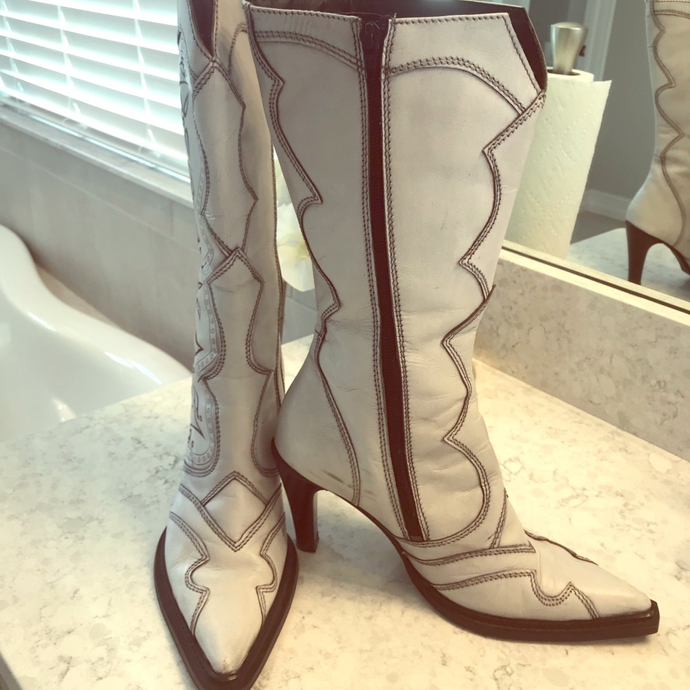 Luichiny White and Brown Leather Heeled Cowboy Boots